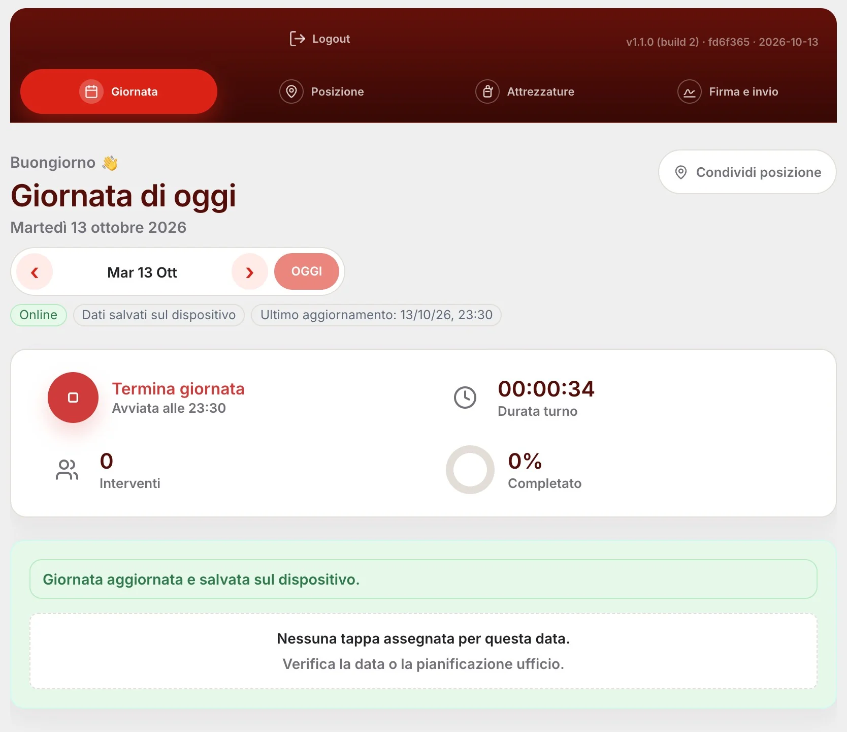 Estintio Tecnici su tablet: la giornata di oggi avviata, con durata del turno e interventi (demo)