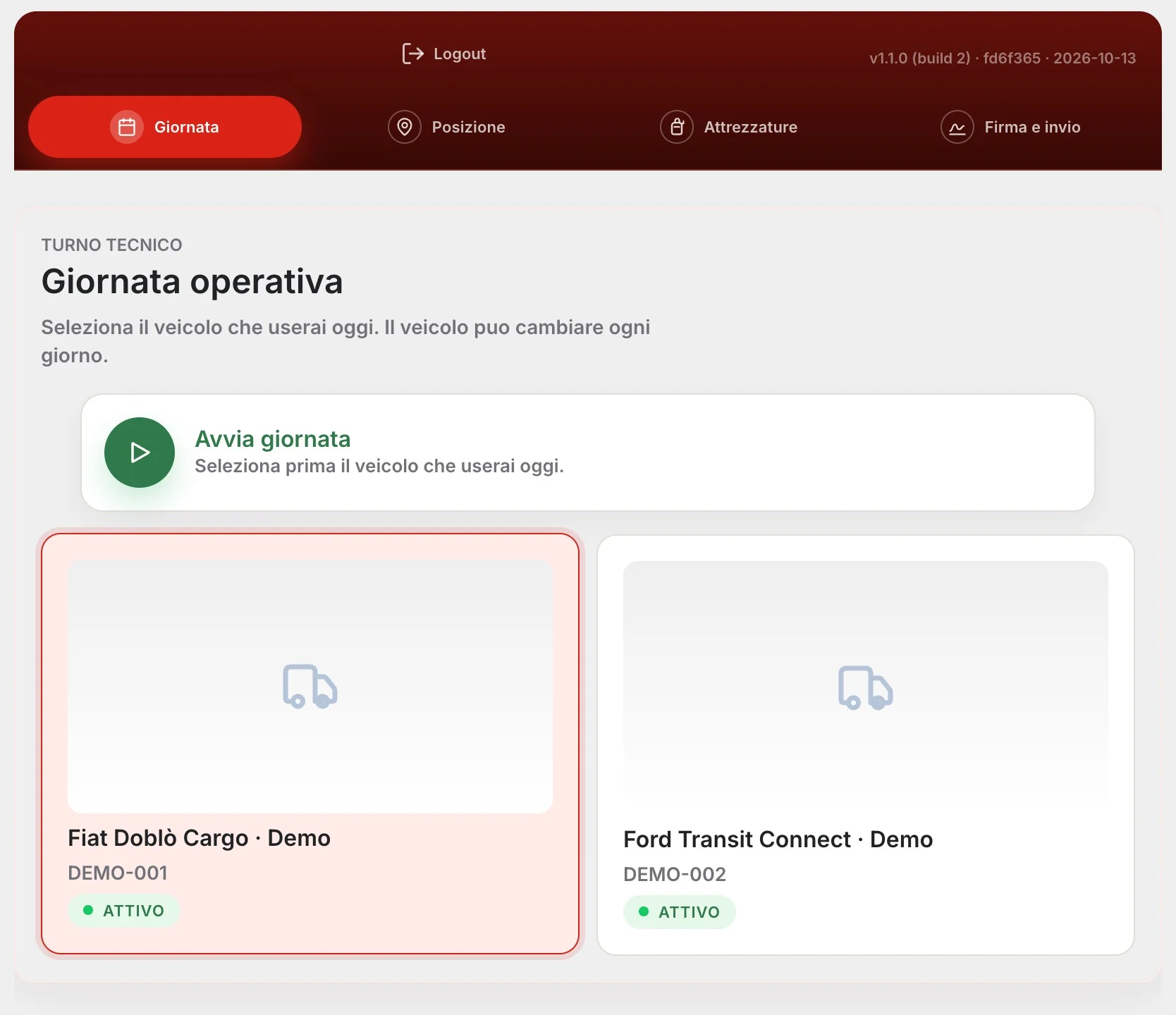 Estintio Tecnici: a inizio turno il tecnico sceglie il veicolo che userà oggi (demo)