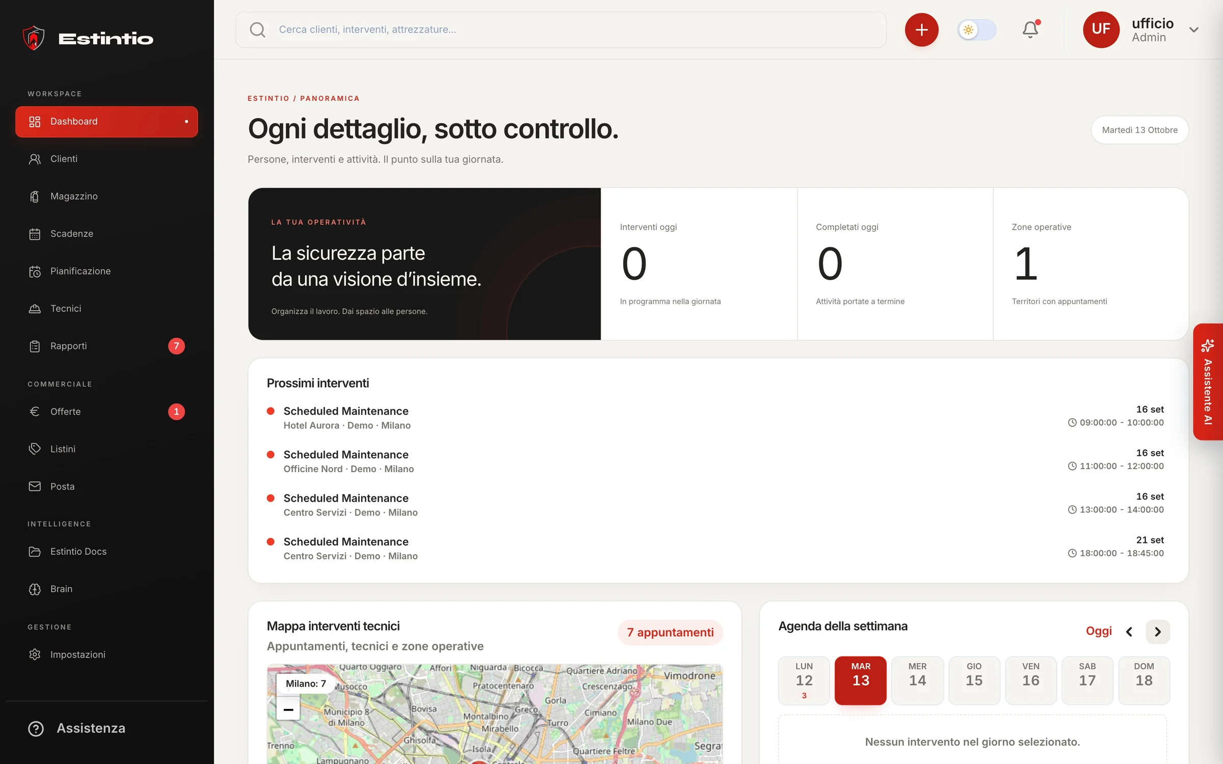 Estintio CRM: la dashboard con interventi di oggi, scadenze e mappa degli interventi tecnici (demo con dati di esempio)